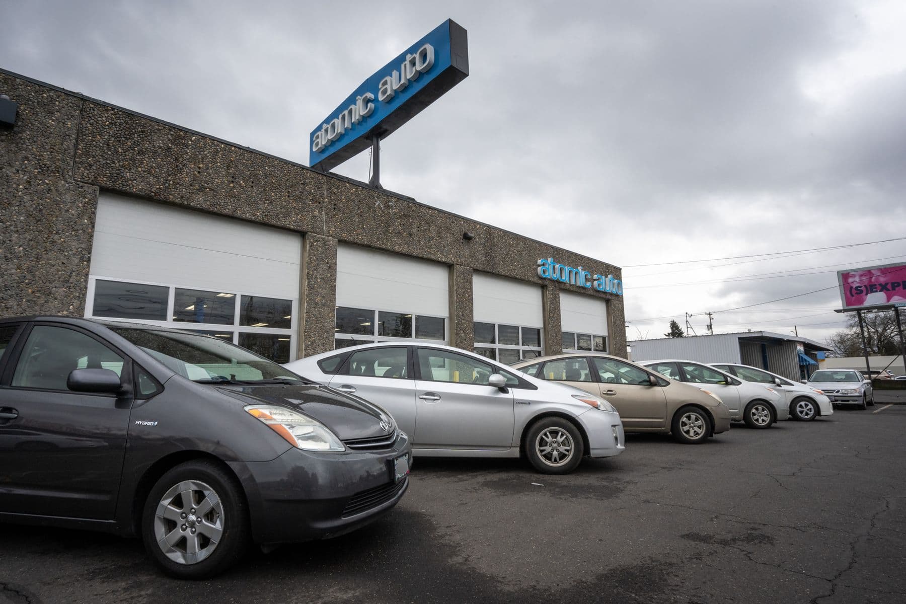 A row of Priuses outside Atomic Auto